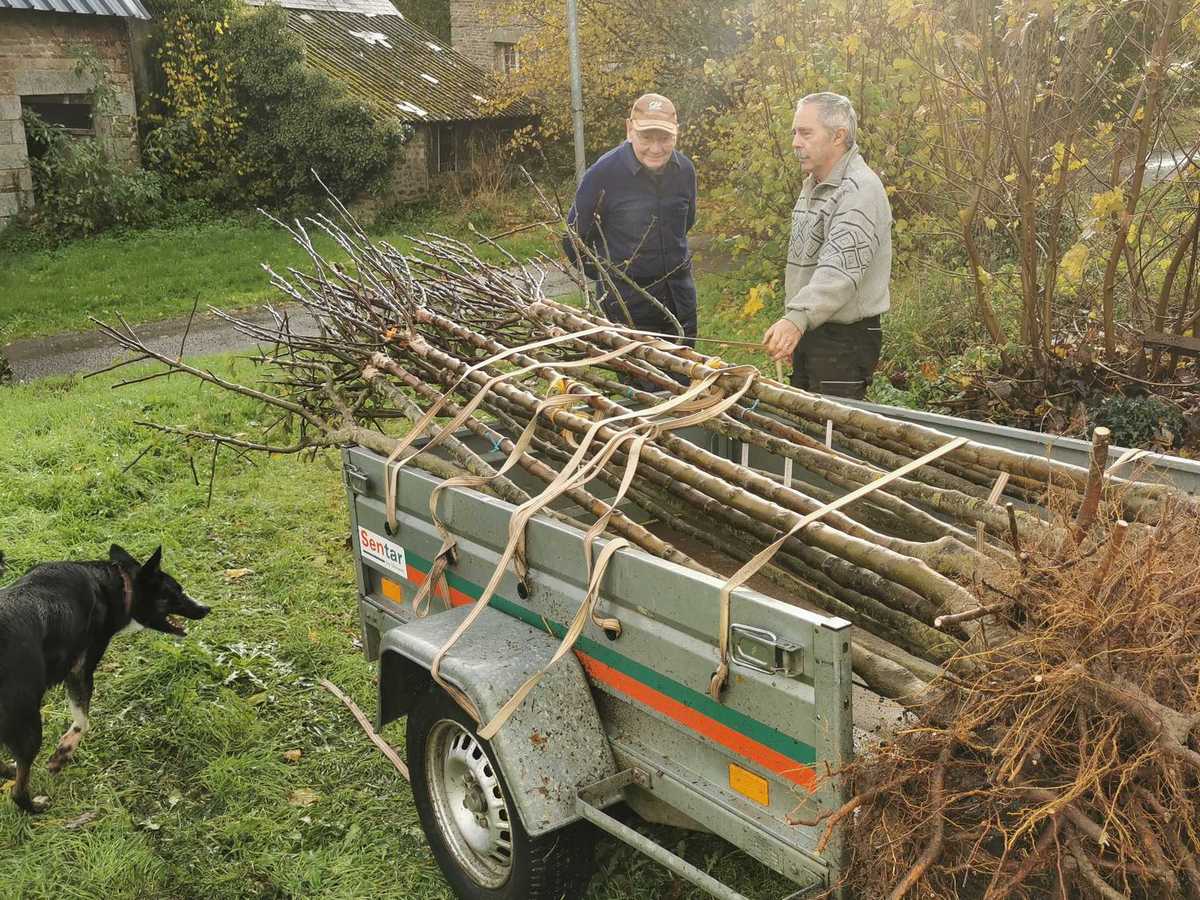 Arrivée des pommiers à la Bunêche, Christian Jenvrin et tonton Gilbert
